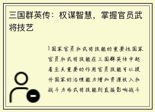 三国群英传：权谋智慧，掌握官员武将技艺
